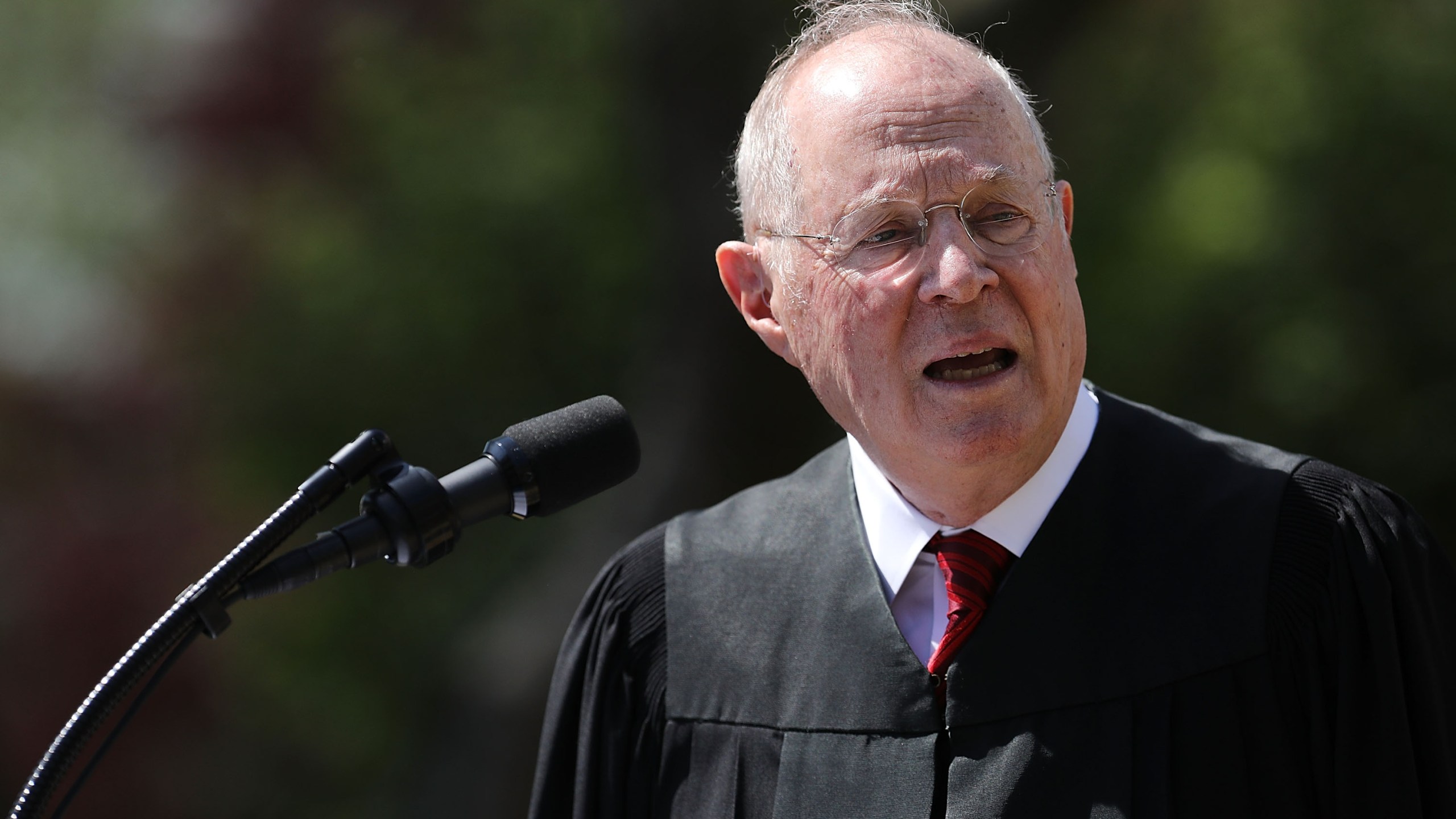 U.S. Supreme Court Associate Justice Anthony Kennedy delivers remarks before administering the judicial oath to Judge Neil Gorsuch during a ceremony in the Rose Garden at the White House April 10, 2017 in Washington, DC. (Credit: Chip Somodevilla/Getty Images)