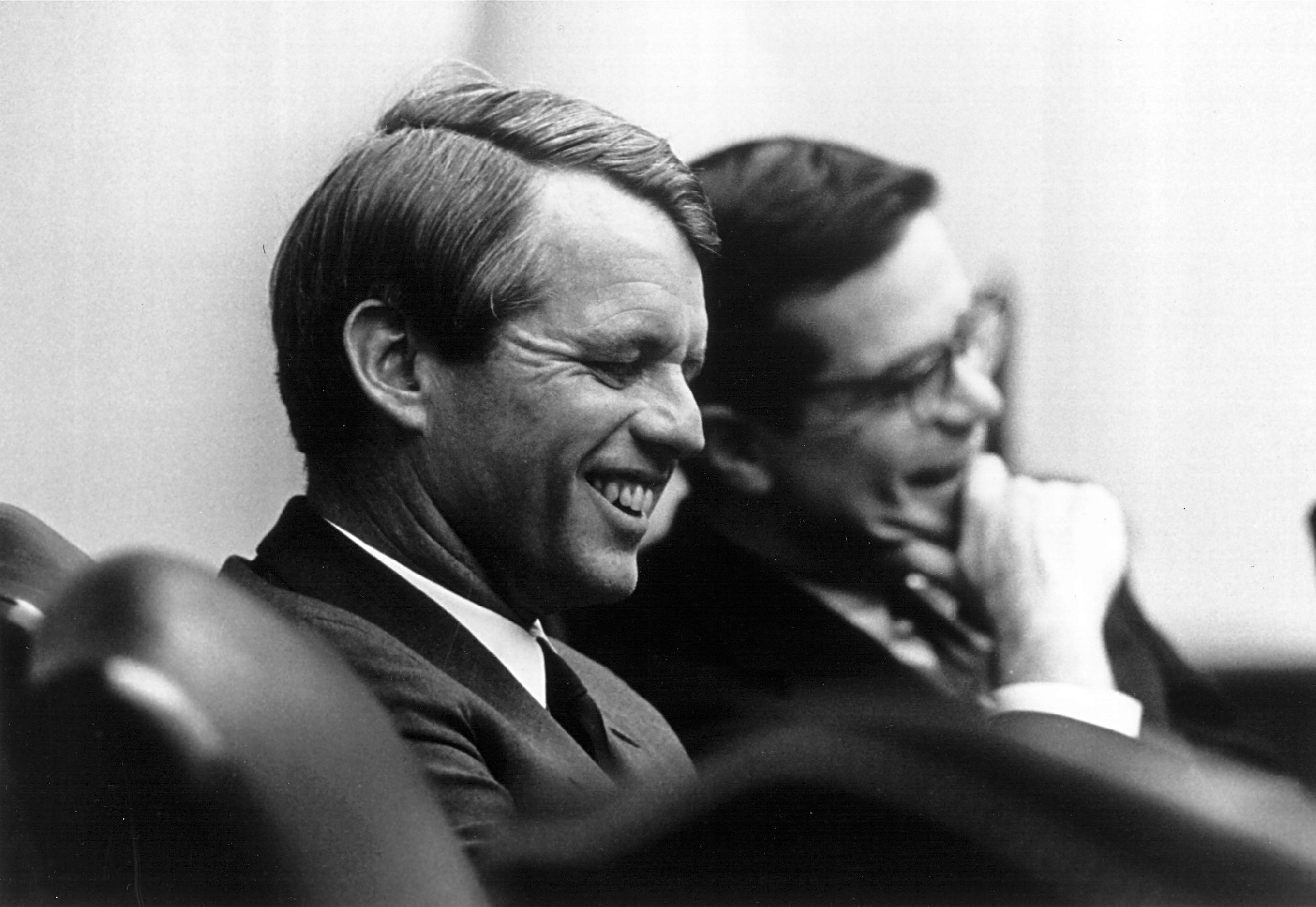 Sen. Robert F. Kennedy is seen with his aide Theodore Sorenson April 3, 1968. (Credit: National Archive/Newsmakers via Getty Images)