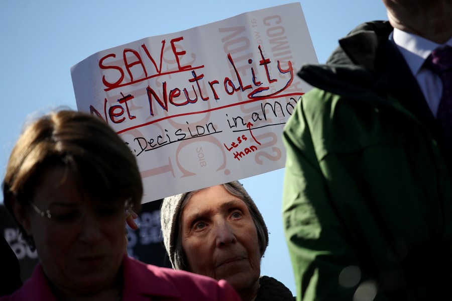 Proponents of an open and unregulated internet attend a news conference at the U.S. Capitol on Feb. 27, 2018. (Credit: Win McNamee / Getty Images)