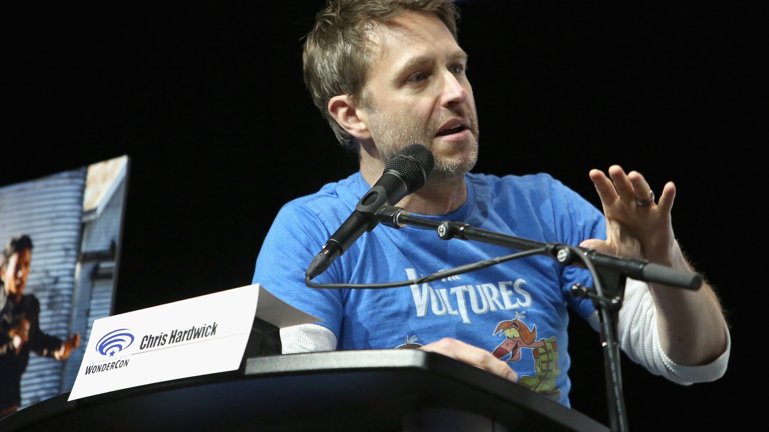 Moderator Chris Hardwick speaks onstage during AMC's 'Fear of the Walking Dead' panel at WonderCon at Anaheim Convention Center on March 24, 2018 in Anaheim, California. (Credit: Jesse Grant/Getty Images for AMC)