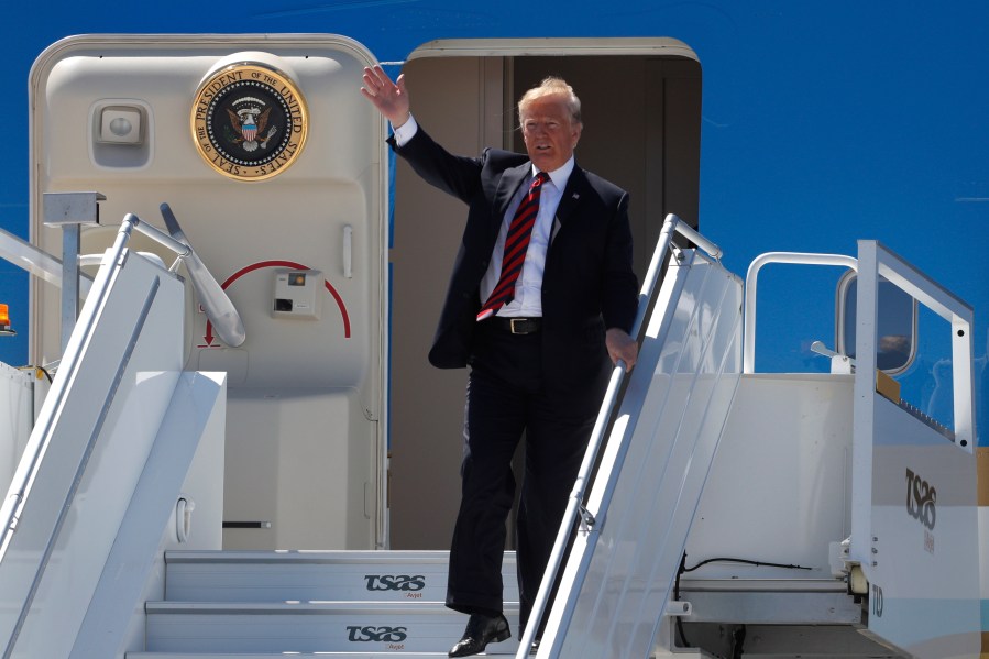 Donald Trump arrives at Canadian Forces Base Bagotville, Canada, on June 8, 2018. (Credit: LARS HAGBERG/AFP/Getty Images)