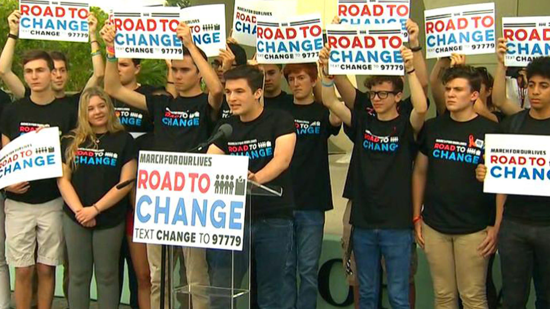 Marjory Stoneman Douglas High School students announce the “Road to Change” tour at a news conference in Parkland, Fla., on June 4, 2018. (Credit: CNN)