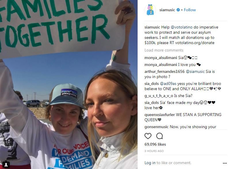 Lena Dunham and Sia visited the border city of Tornillo, Texas, to protest the Trump administration's policy that separated migrant children from their parents. This photo was posted on Sia's Instagram Page @siamusic on June 24, 2018.