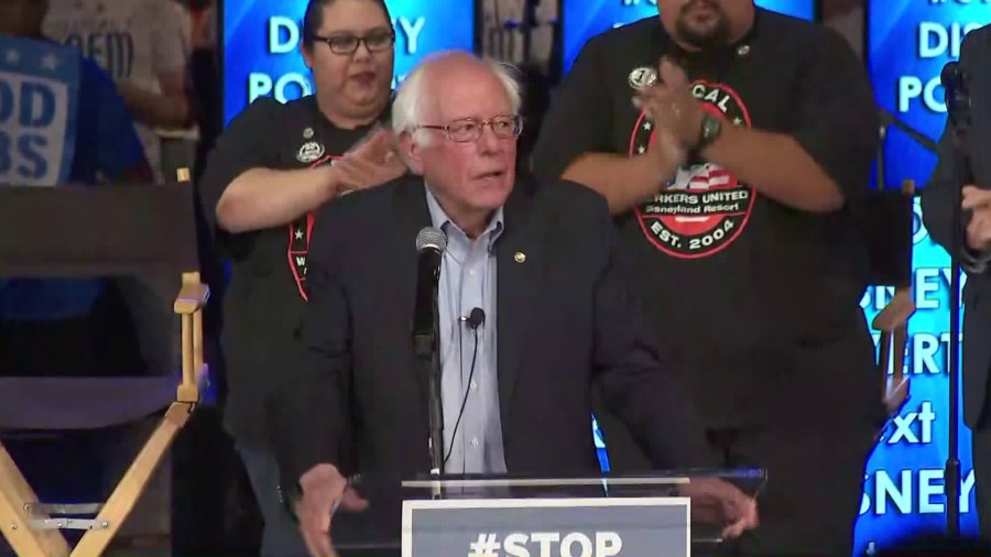 Sen. Bernie Sanders, D-Vermont, speaks to Disneyland Resort workers in Anaheim on June 2, 2018. (Credit: KTLA)