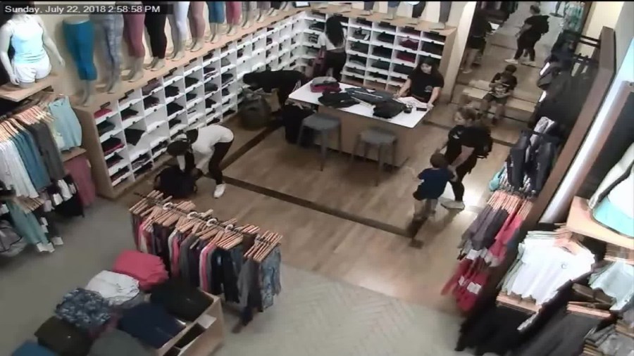 Surveillance video shows three women taking leggings and yoga pants from a Lululemon store in Fresno on Sunday. (Credit: Berkeley Police Department)