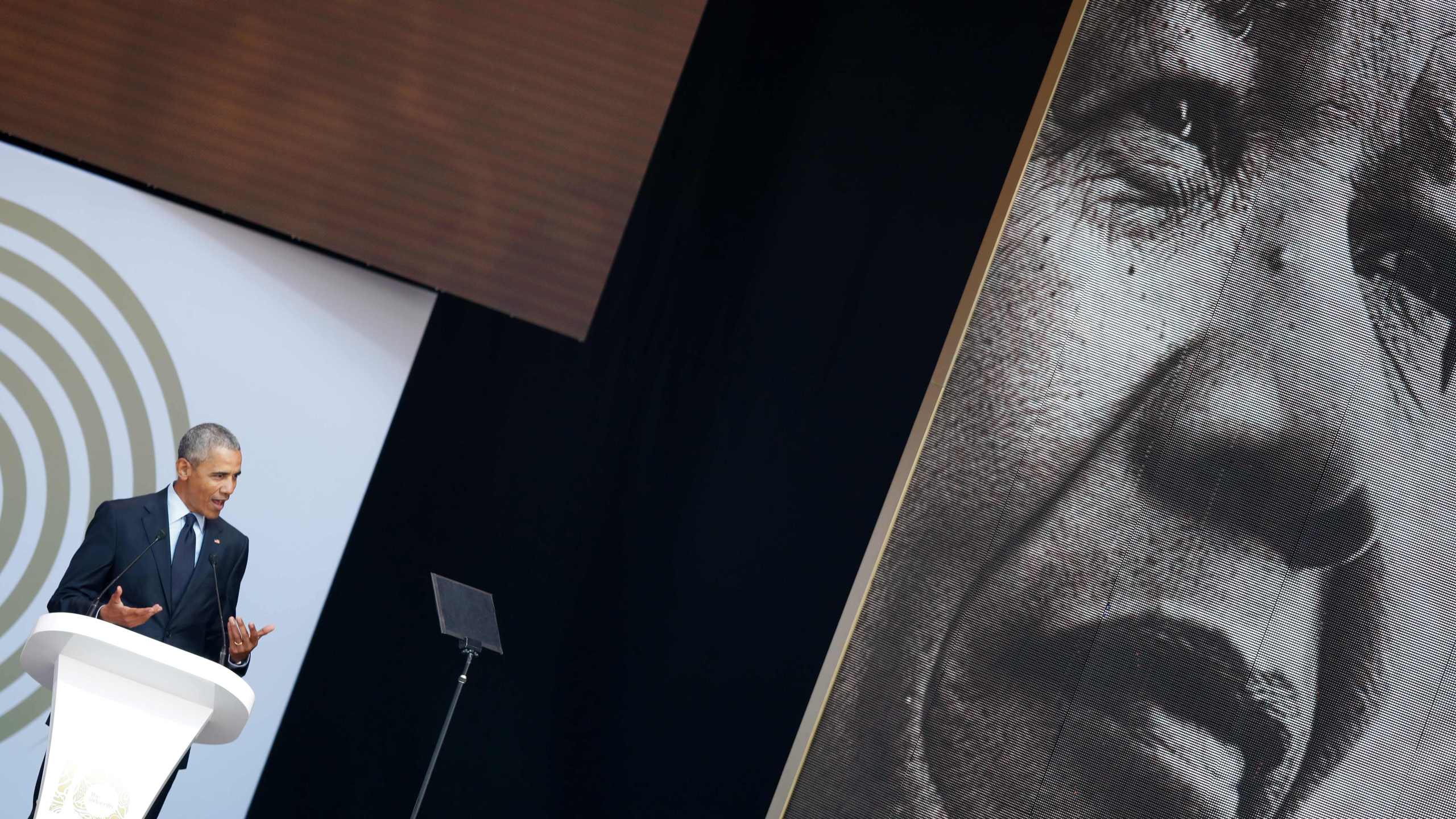 Former President Barack Obama speaks during the 2018 Nelson Mandela Annual Lecture at the Wanderers cricket stadium in Johannesburg on July 17, 2018. (Credit: Marco Longari/AFP/Getty Images)