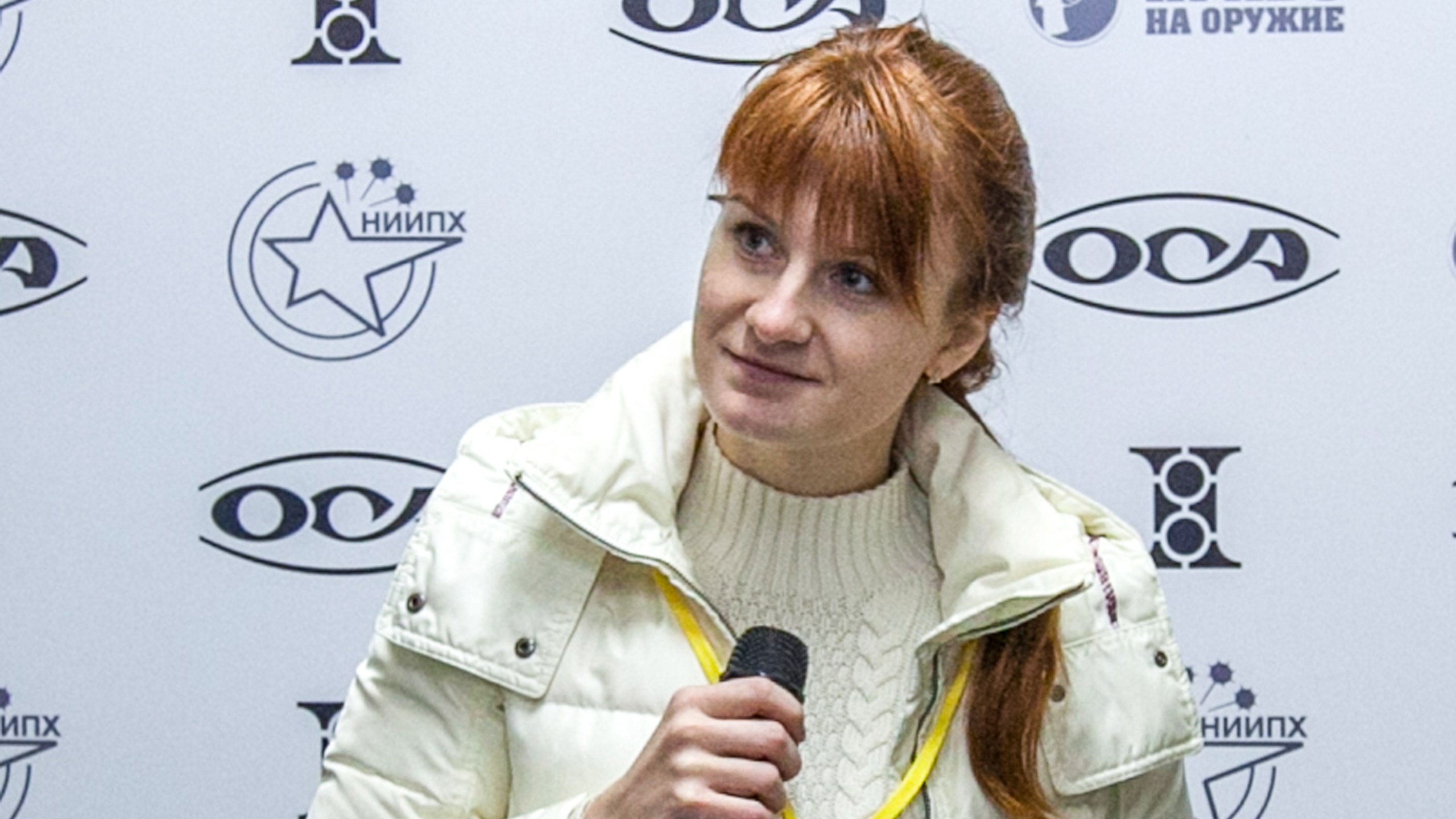 Mariia Butina speaks as a leader of a pro-gun organization on Oct. 8, 2013 during a press conference in Moscow. (Credit: STR/AFP/Getty Images)