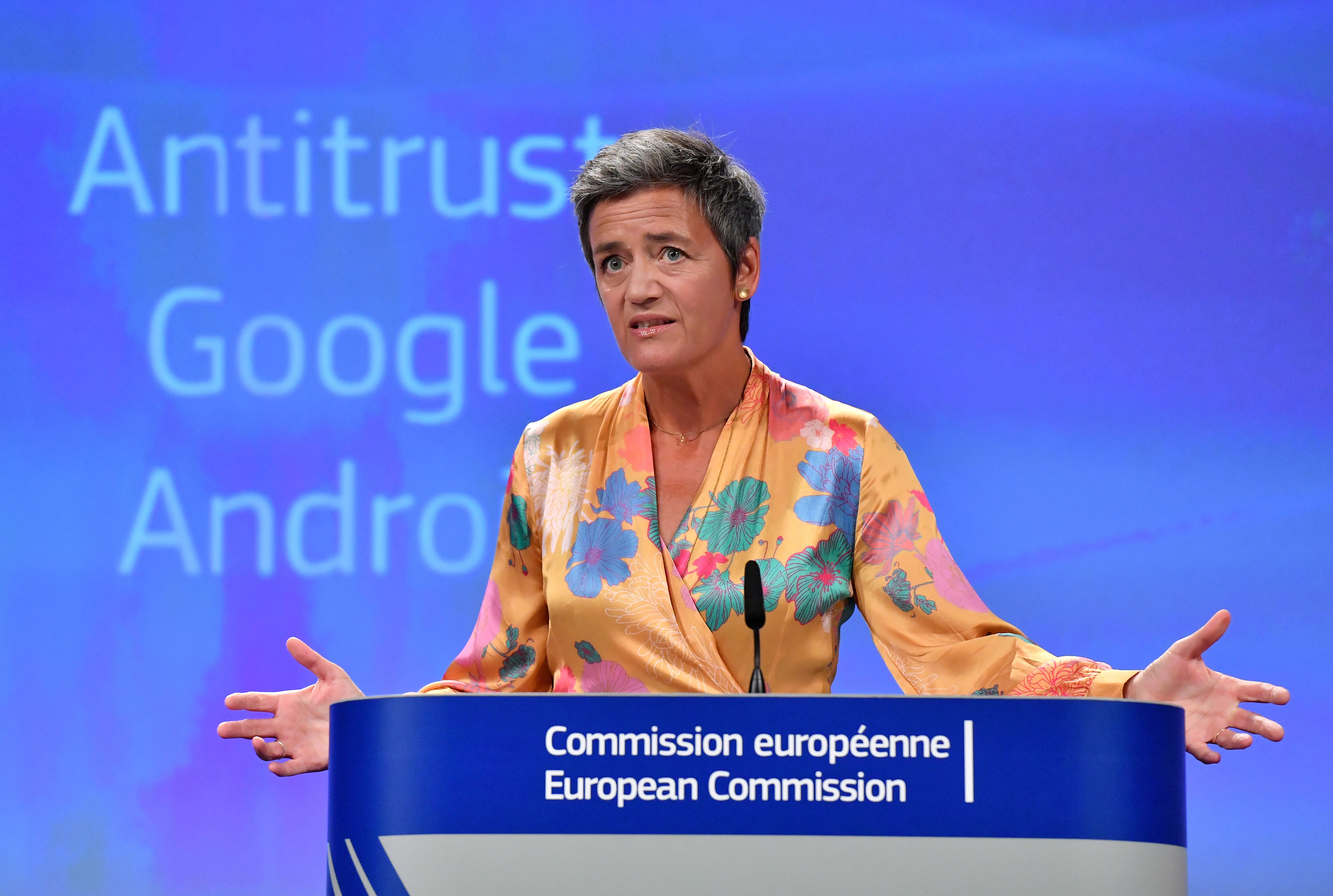 European Union Competition Commissioner Margrethe Vestager gives a joint press at the EU headquarters in Brussels on July 18, 2018. (Credit: John Thys/ AFP)