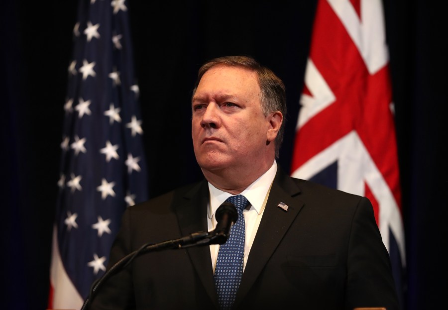 U.S. Secretary of State Mike Pompeo looks on during a press conference at the Australia-U.S. Ministerial Consultations at the Hoover Institution on the campus of Stanford University on July 24, 2018. (Credit: Justin Sullivan/Getty Images)