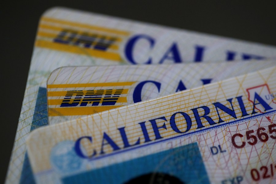 In this photo illustration, the California Department of Motor Vehicles (DMV) logo appears on a California driver license on May 9, 2017, in San Anselmo. (Credit: Justin Sullivan/Getty Images)