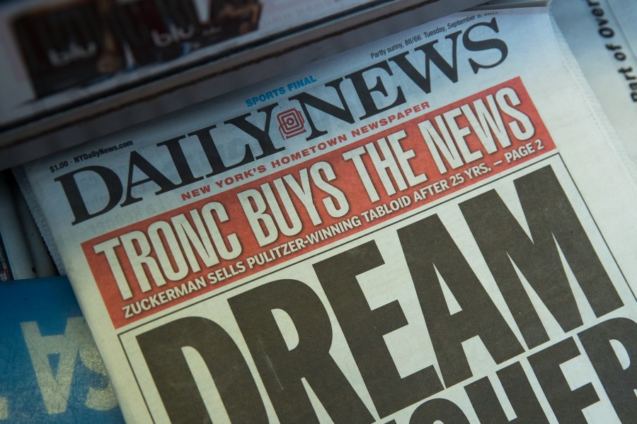 A copy of the New York Daily News sits on the shelf of a newsstand on Sept. 5, 2017 in New York City. Tronc, the publisher of the Chicago Tribune and The Los Angeles Times newspapers, announced on Monday that is had purchased The New York Daily News. (Credit: Drew Angerer/Getty Images)