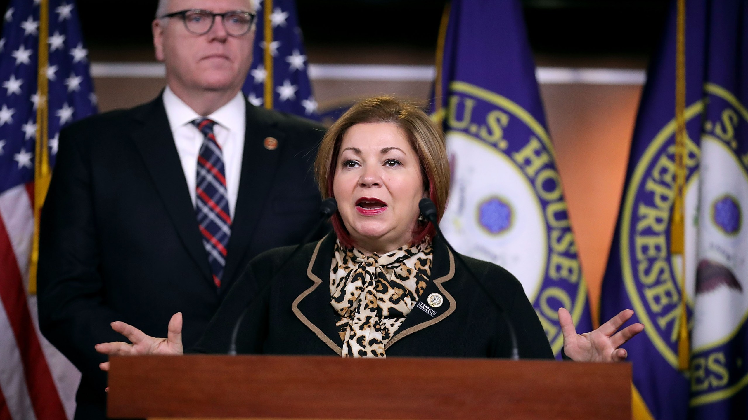 Rep. Linda Sanchez (D-CA) talks with reporters with Rep. Joseph Crowley (D-NY) following a meeting of the House Democratic caucus at the U.S. Capitol January 31, 2018, in Washington, D.C. (Credit: Chip Somodevilla/Getty Images)