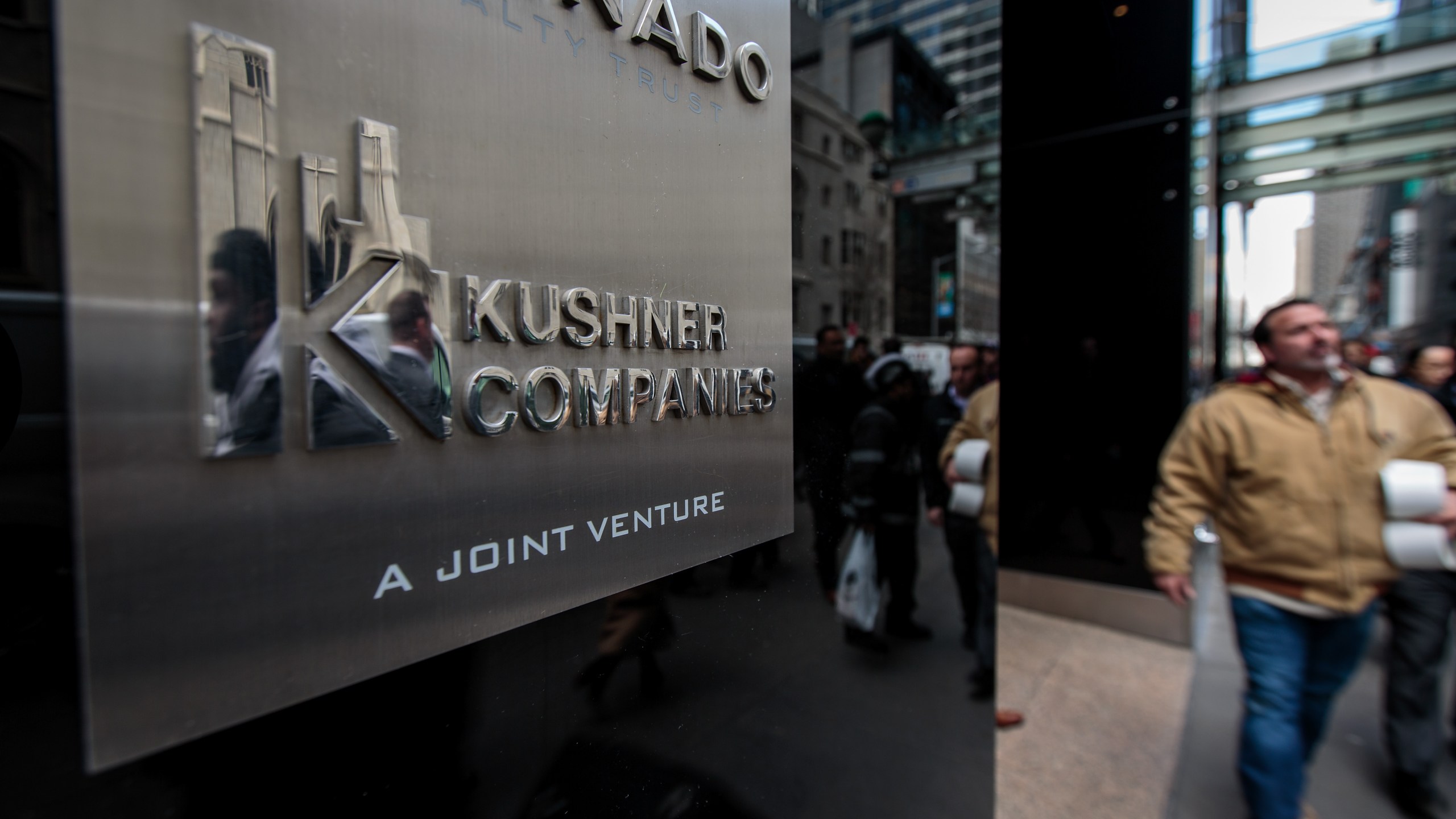 A Kushner Companies logo is visible near an entrance to the Kushner Companies' flagship property 666 Fifth Avenue in Midtown Manhattan, on March 6, 2018. (Credit: Drew Angerer/Getty Images)