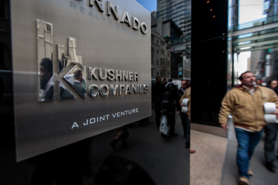 A Kushner Companies logo is visible near an entrance to the Kushner Companies' flagship property 666 Fifth Avenue in Midtown Manhattan, on March 6, 2018. (Credit: Drew Angerer/Getty Images)