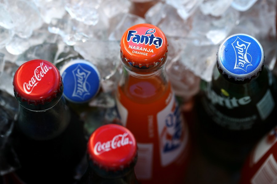 Bottles of soda are displayed in a cooler in San Francisco on June 29, 2018. (Credit: Justin Sullivan / Getty Images)