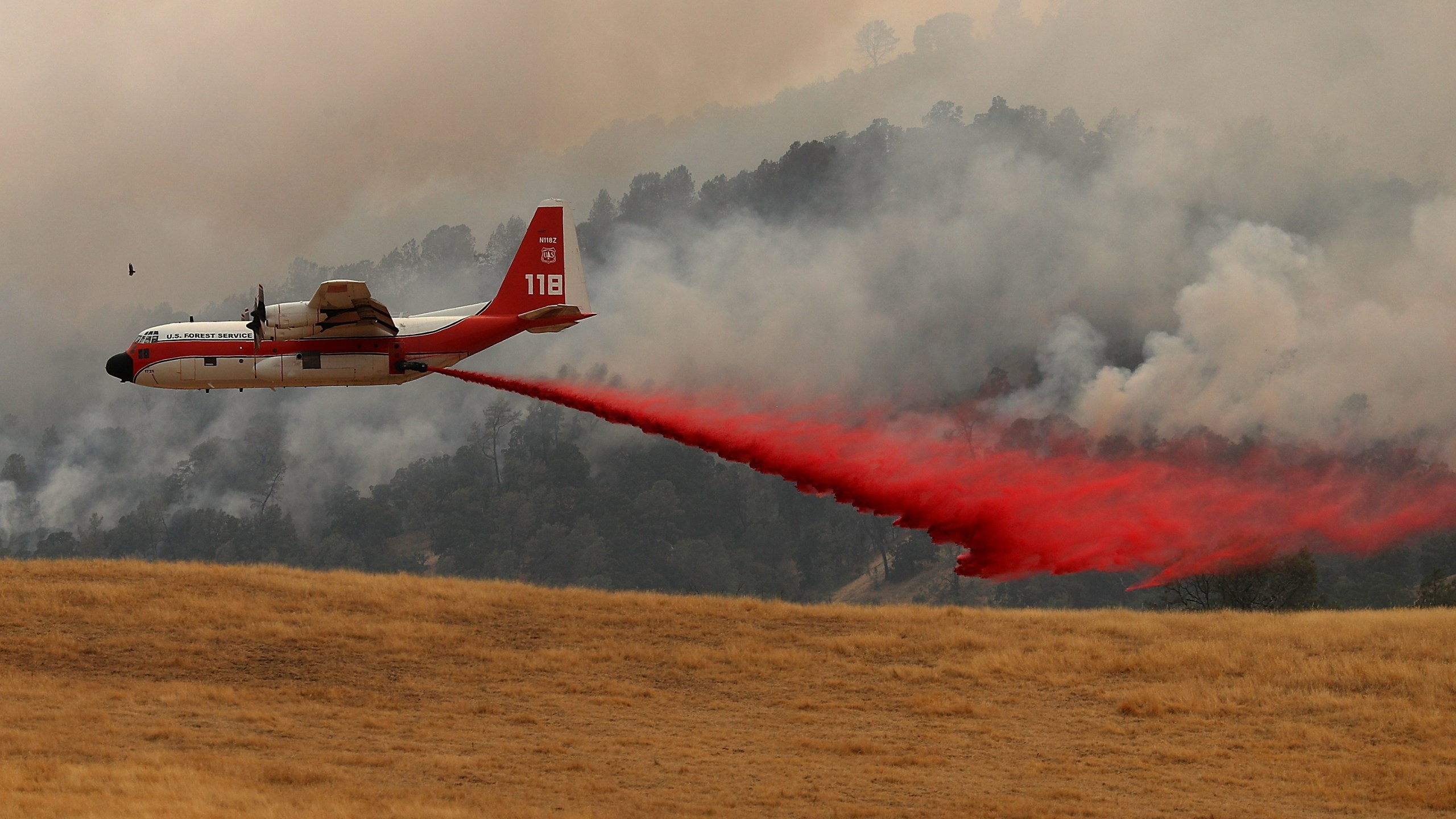 A firefighting air tanker drops Foscheck fire retardant on a hillside ahead of the County Fire on July 2, 2018 in Esparto, California. (Credit: Justin Sullivan/Getty Images)