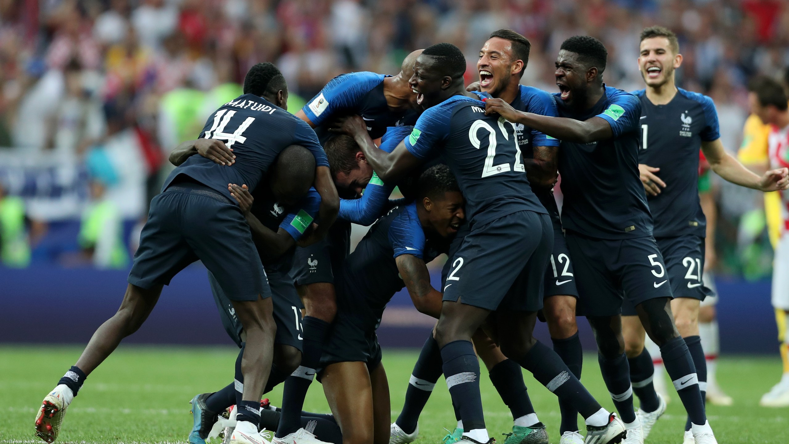 France players celebrate following their victory in the 2018 FIFA World Cup Final between France and Croatia at Luzhniki Stadium on July 15, 2018 in Moscow, Russia. (Credit: Clive Rose/Getty Images)