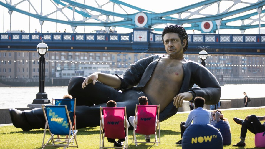 Celebrating 25 years since Jurassic Park first premiered in the UK, streaming service NOW TV unveiled a statue of Jeff Goldblum semi-naked torso at Potters Field on July 18, 2018 in London, England. (Credit: John Phillips/Getty Images)