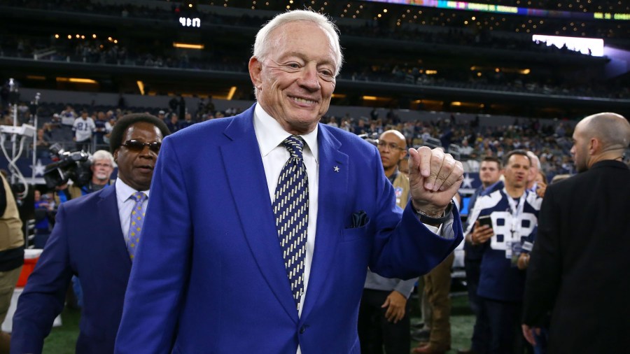 Jerry Jones, owner of the Dallas Cowboys, walks on the field before the game against the Philadelphia Eagles at AT&T Stadium on November 19, 2017 in Arlington, Texas. (Credit: Tom Pennington/Getty Images)