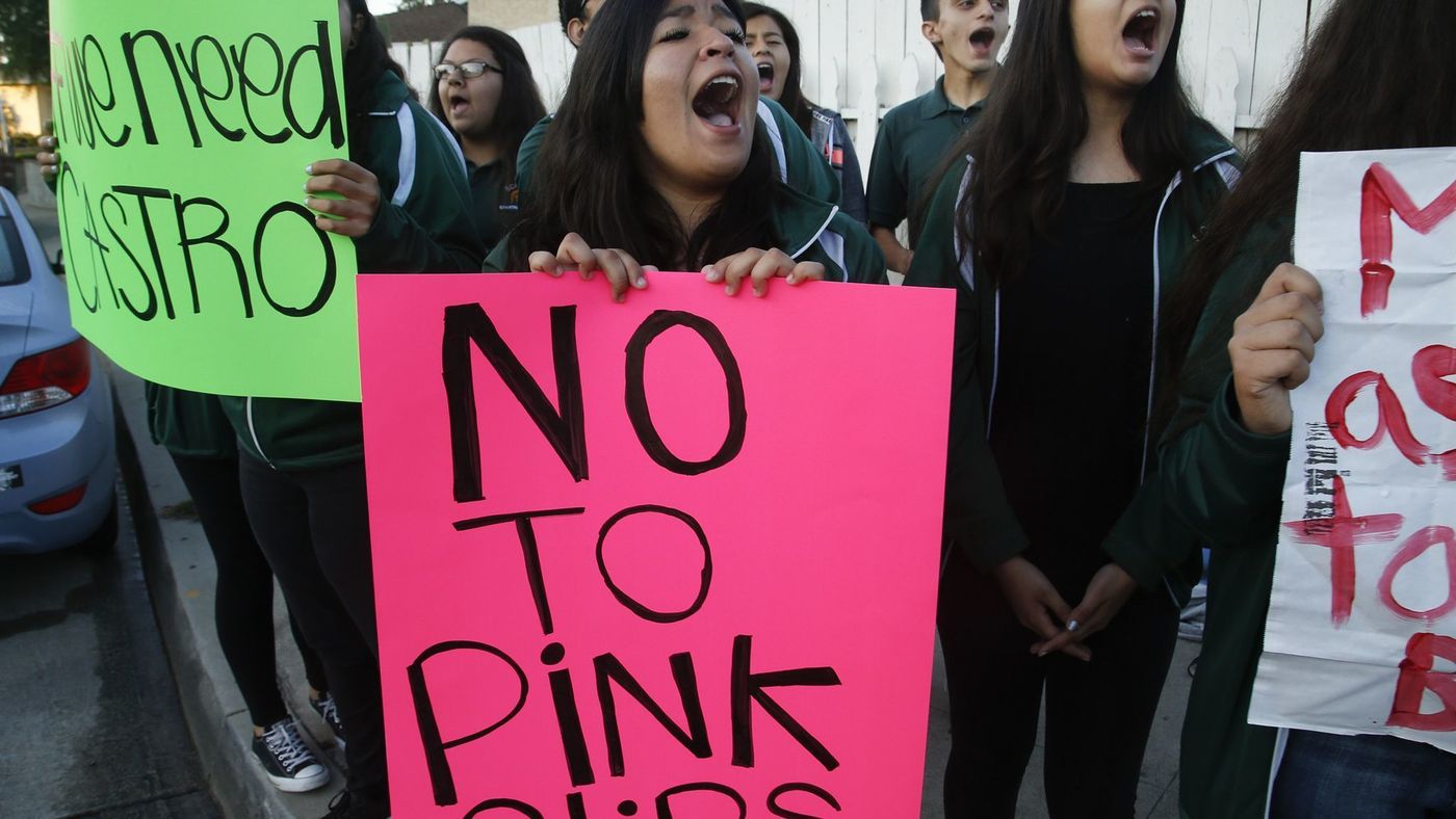 Students from Schurr High School in Montebello protest possible teacher layoffs in 2017. (Credit: Mark Boster / Los Angeles Times)