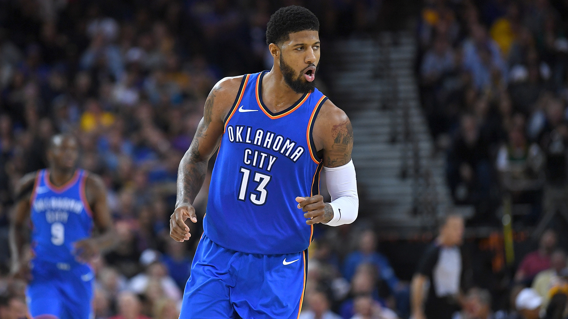 Paul George of the Oklahoma City Thunder reacts after making a three-point shot at Oracle Arena in Oakland, Calif., on Feb. 6, 2018. (Credit: Thearon W. Henderson/Getty Images)