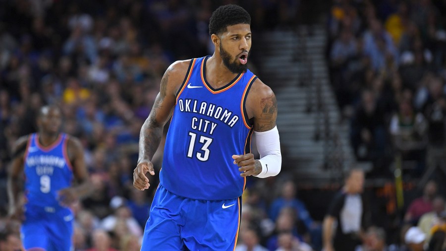 Paul George of the Oklahoma City Thunder reacts after making a three-point shot at Oracle Arena in Oakland, Calif., on Feb. 6, 2018. (Credit: Thearon W. Henderson/Getty Images)