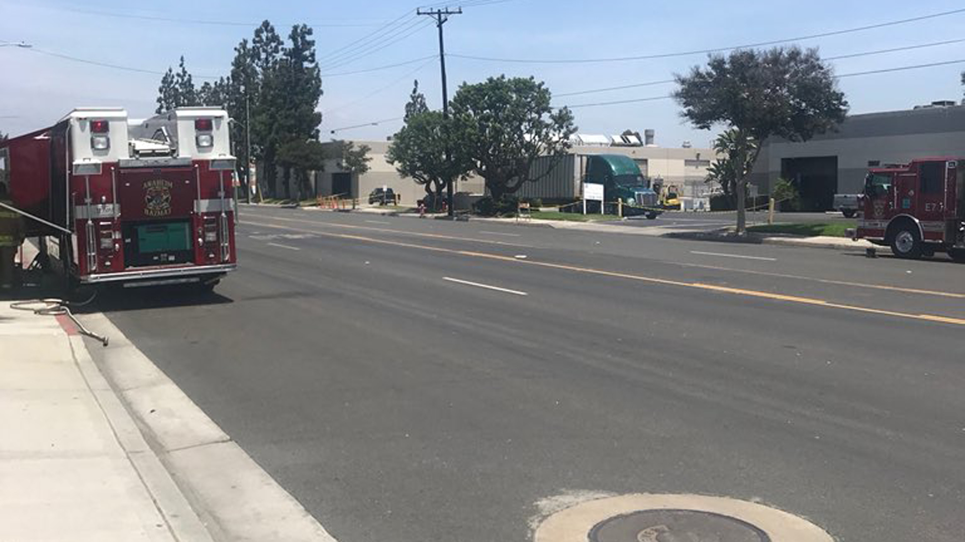 A chemical spill has resulted in the closure of the north and south lanes of North Glassell Street between Meats and Grove Avenue in Orange on July 16, 2018. (Credit: Orange Police Department Twitter account)