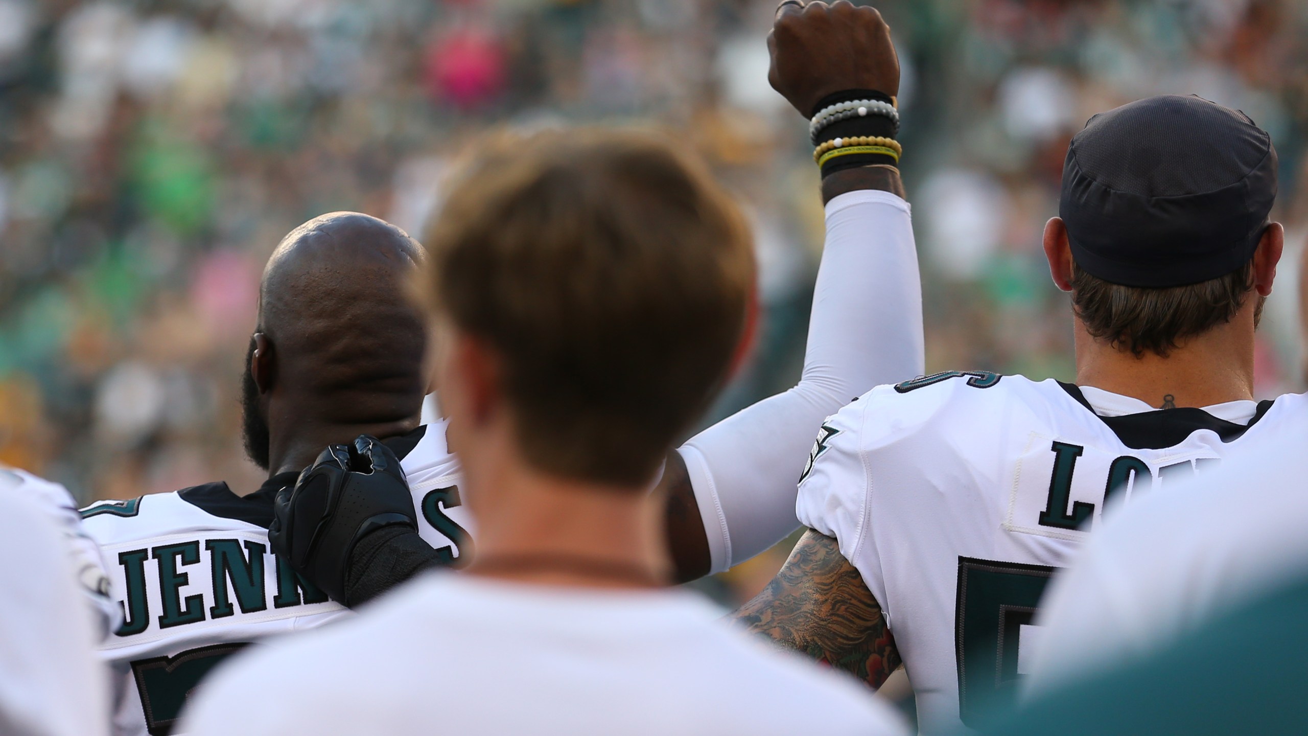 Malcolm Jenkins #27 of the Philadelphia Eagles raises his fist during the national anthem prior to the preseason game against the Pittsburgh Steelers on August 9, 2018 in Philadelphia, Pennsylvania. (Credit: Mitchell Leff/Getty Images)