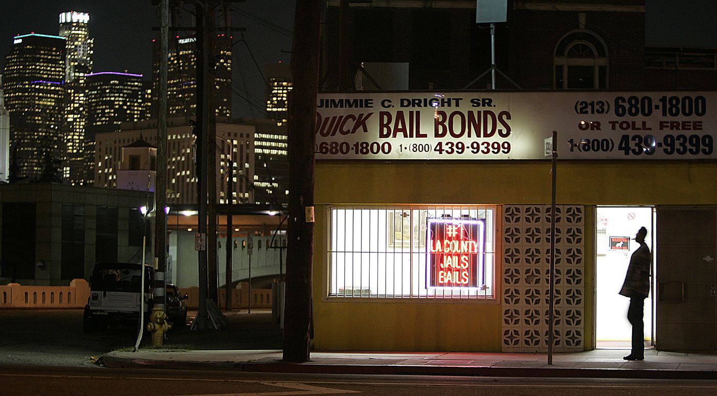 An undated photo shows the downtown Los Angeles skyline from bail bond row on Vignes Street. (Los Angeles Times)