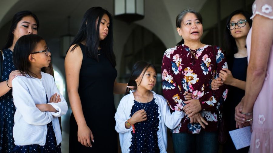 The family of Michael Nguyen was joined by Rep. Mimi Walters for a press conference at City Hall in Irvine on Aug. 2, 2018. (Credit: Gabriel S. Scarlett / Los Angeles Times)