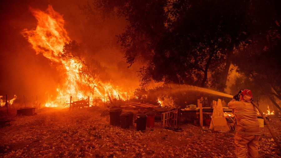 A firefighter douses flames while battling the Ranch Fire tears down New Long Valley Rd near Clearlake Oaks on Saturday, August 4, 2018. (Credit: NOAH BERGER/AFP/Getty Images)