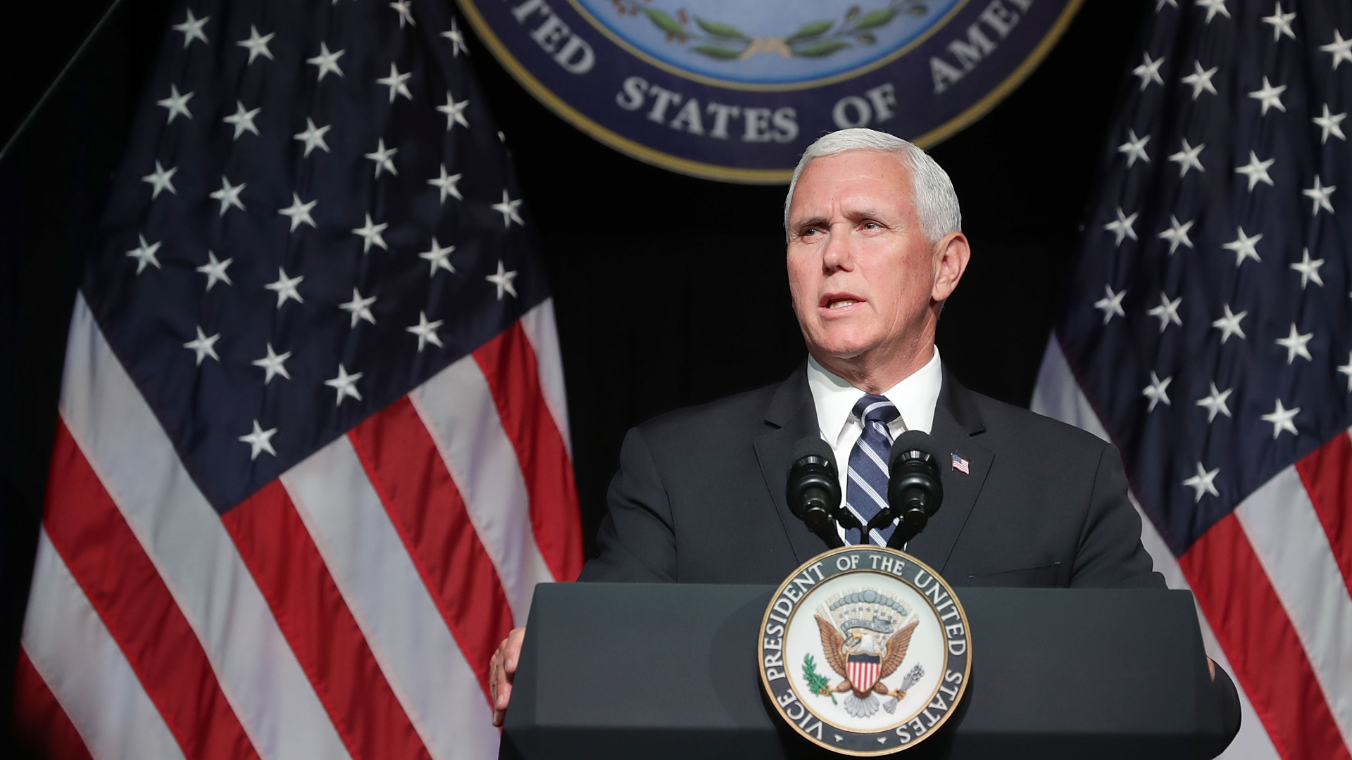 Vice President Mike Pence announces the Trump Administration's plan to create the U.S. Space Force by 2020 during a speech at the Pentagon August 9, 2018 in Arlington, Virginia. (Credit: Chip Somodevilla/Getty Images)