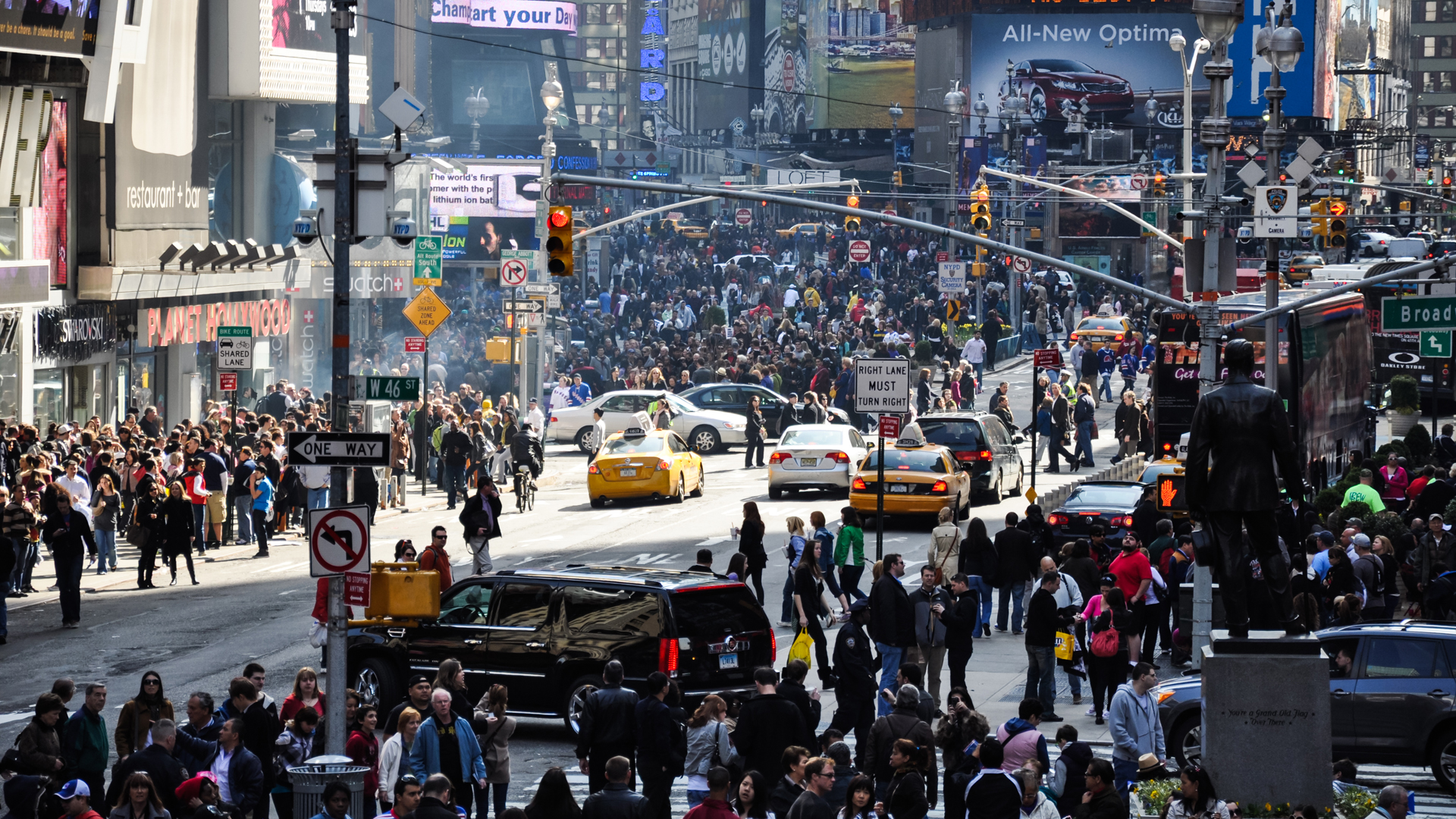 A file photo showing crowds of people in New York City's Times Square. (Credit: iStock / Getty Images Plus)