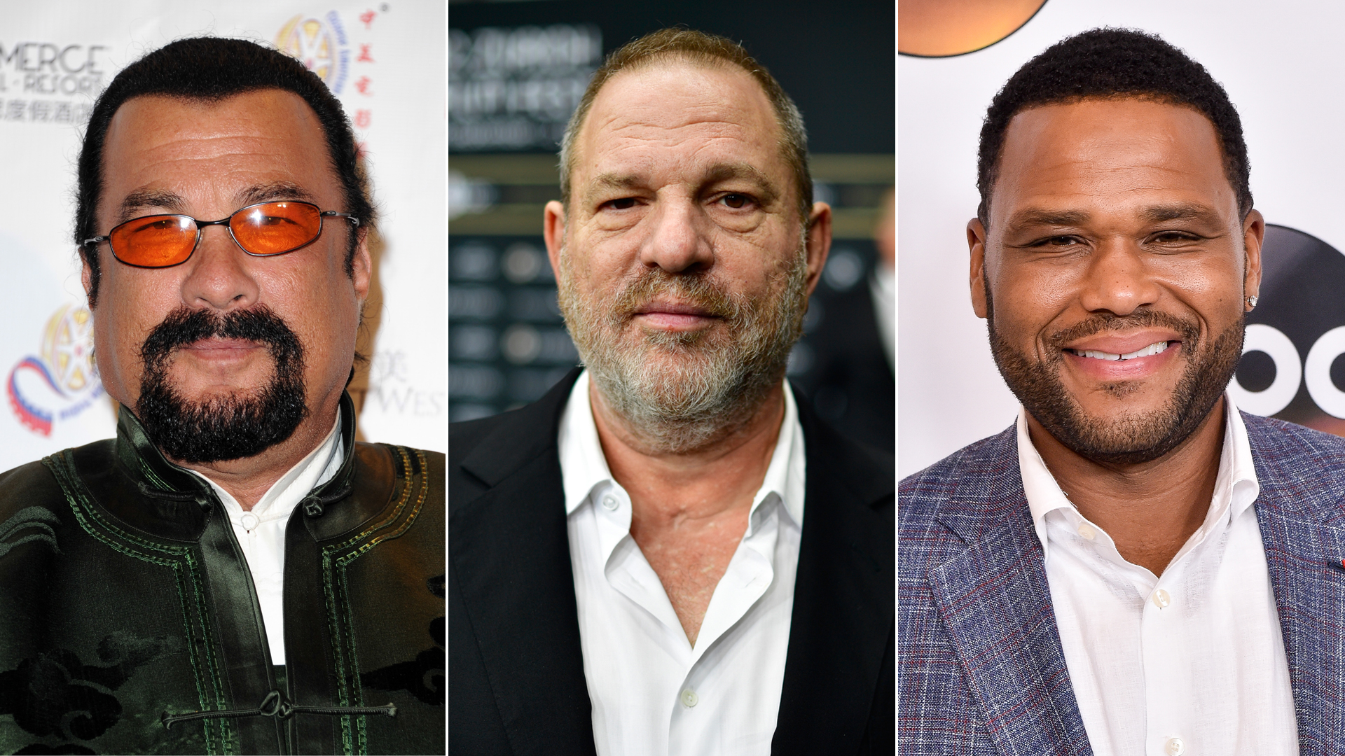 From left: Steven Seagal is seen at a film festival in Pasadena in 2014; Harvey Weinstein appears at a movie premiere in Zurich, Switzerland, in 2016; and Anthony Anderson is seen at an ABC press event in Beverly Hills in 2016. (Credit: Allen Berezovsky / Alexander Koerner / Mike Windle / Getty Images)