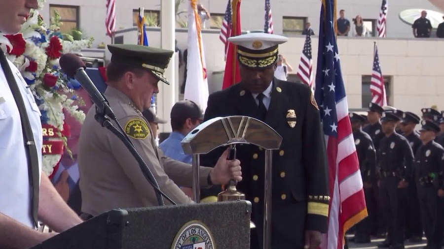 L.A. County Sheriff Jim McDonnell and L.A. Fire Chief Daryl Osby take part in a 9/11 remembrance ceremony at the L.A. Fire Department's Frank Hotchkin Memorial Training Center on Sept. 11, 2018.