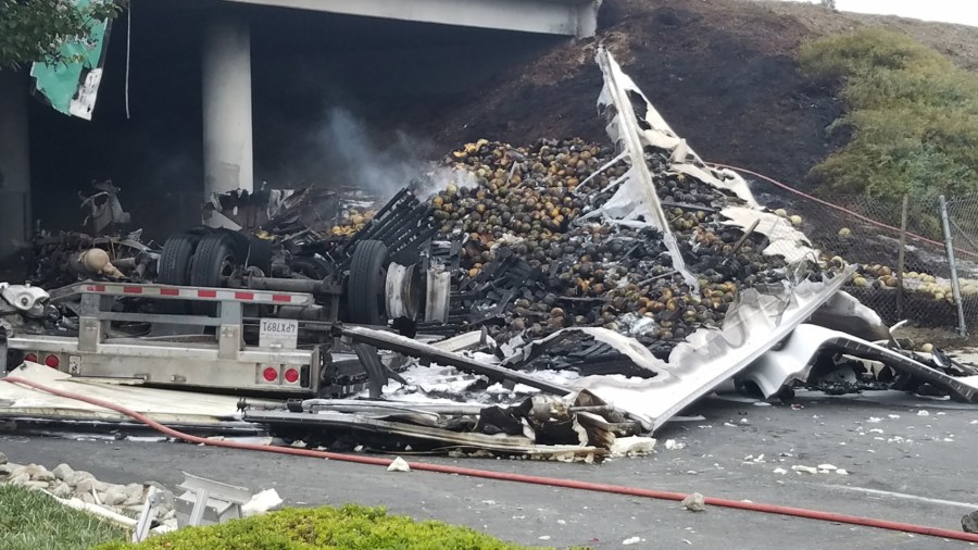 The remnants of a big rig are seen after being involved in a fatal crash with another vehicle in South El Monte on Sept. 2, 2018. (Credit: KTLA)