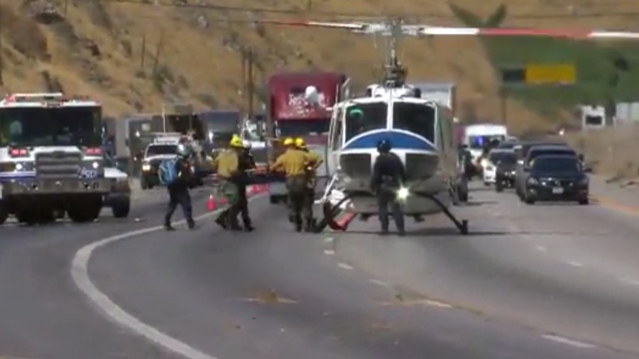 A Kern County firefighter was flown to a hospital for treatment after being injured by a falling stone while battling the Water fire near Lebec on Sept. 12, 2018. (Credit, KERO TV, Bakersfield)