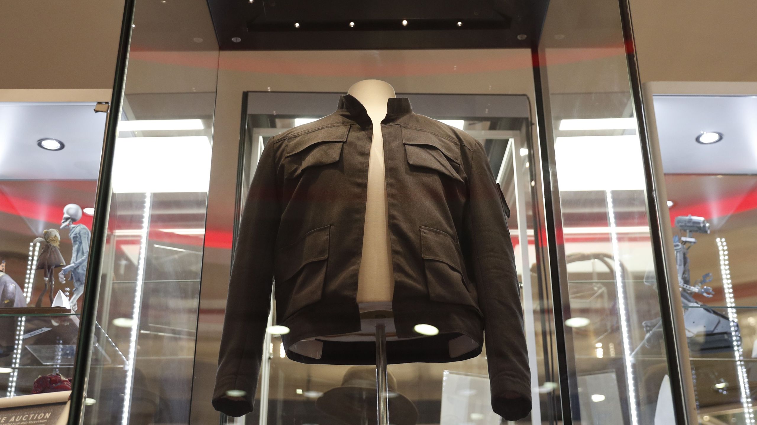 The jacket worn by Harrison Ford's character Han Solo in the 'Star Wars: The Empire Strikes Back' film is on show at the Imax in central London on September 6, 2018 and will be auctioned on September 20. (Credit: ADRIAN DENNIS/AFP/Getty Images)