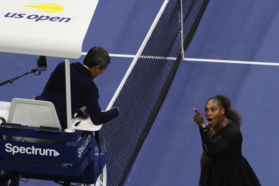 Serena Williams argues with umpire Carlos Ramos during her Women's Singles finals match against Naomi Osaka of Japan on Day Thirteen of the 2018 U.S. Open at the USTA Billie Jean King National Tennis Center on Sept. 8, 2018, in the Flushing neighborhood of the Queens borough of New York City. (Credit: Jaime Lawson/Getty Images for USTA)