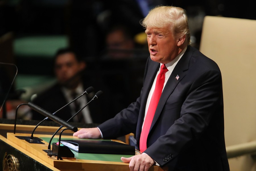 Donald Trump addresses the 73rd United Nations General Assembly on Sept. 25, 2018 in New York City. (Credit: Spencer Platt/Getty Images)