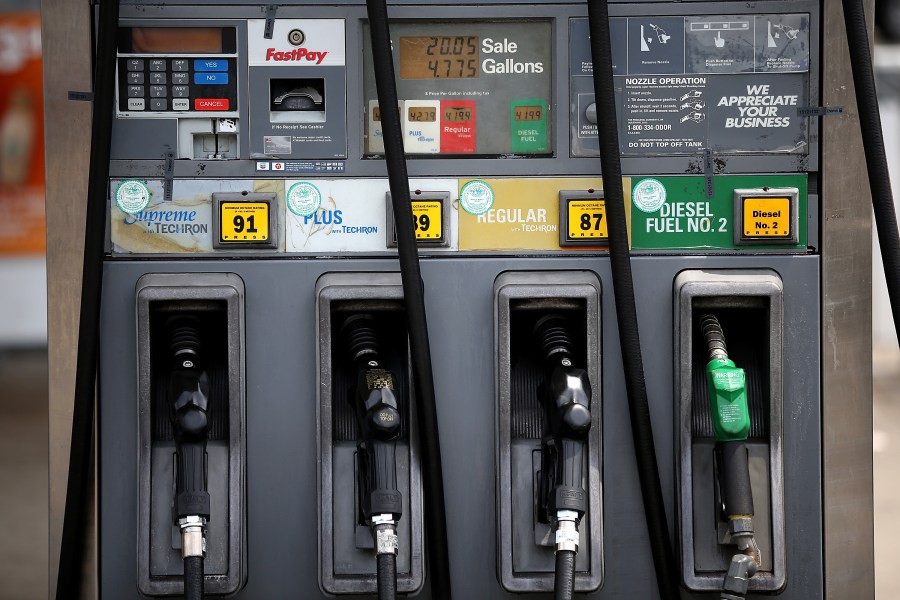 Gas pumps are seen at a Chevron gas station on July 22, 2013 in San Francisco. (Credit: Justin Sullivan/Getty Images)