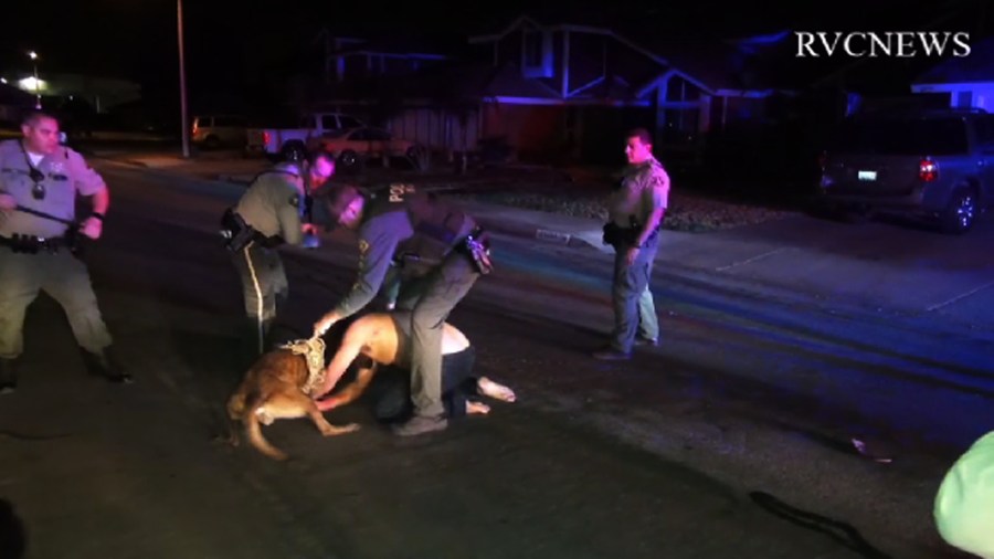 A man is accused of trying to strangle a dog while being arrested in Moreno Valley on Sept. 9, 2018. (Credit: RVCNews)