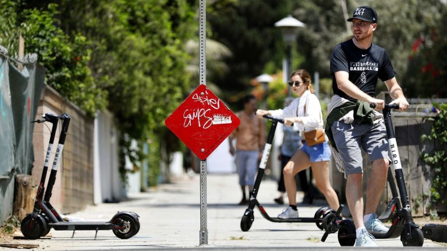 People ride electric Bird scooters in this undated image. (Credit: Christina House / Los Angeles Times)