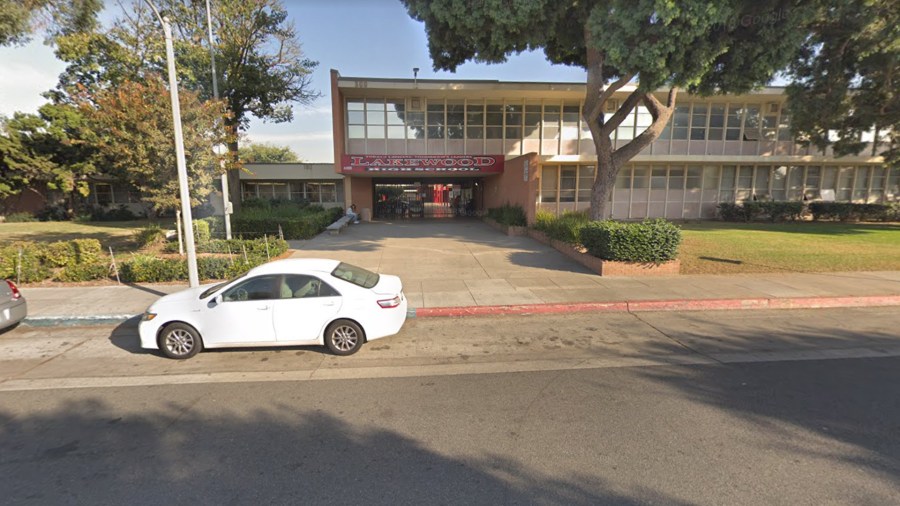 The main entrance to Lakewood High School is seen in an image from December 2017. (Credit: Google Maps Street View)