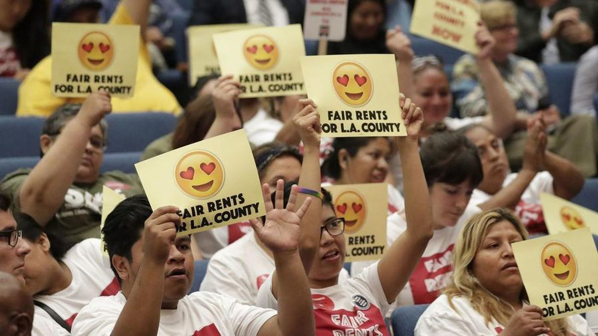 Supporters of rent control demonstrate at the L.A. County Board of Supervisors meeting Sept. 11, 2018. (Credit: Los Angeles Times)