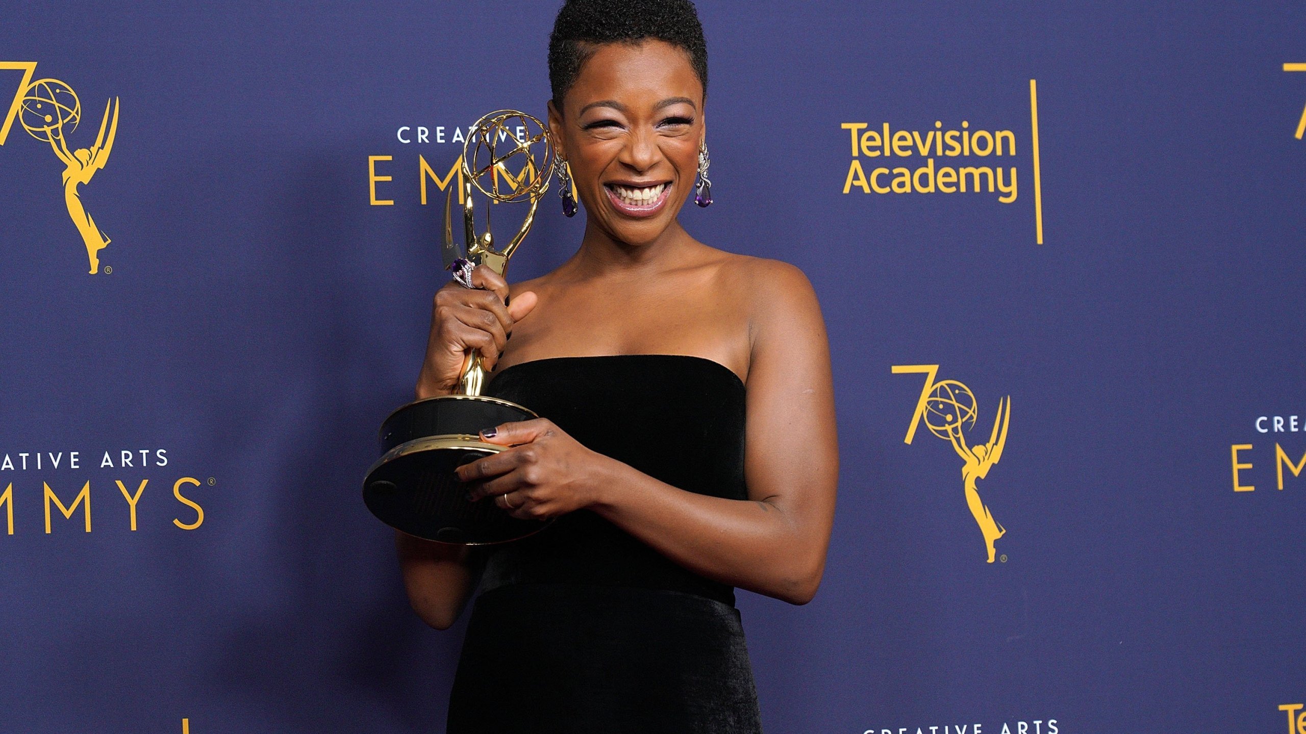 Actress Samira Wiley is seen with her Emmy award, received on Sept. 8, 2018. She and other black actors swept the guest star categories of the Creative Arts Emmy Awards. (Credit: JC Olivera/WireImage/Getty Image via CNN)