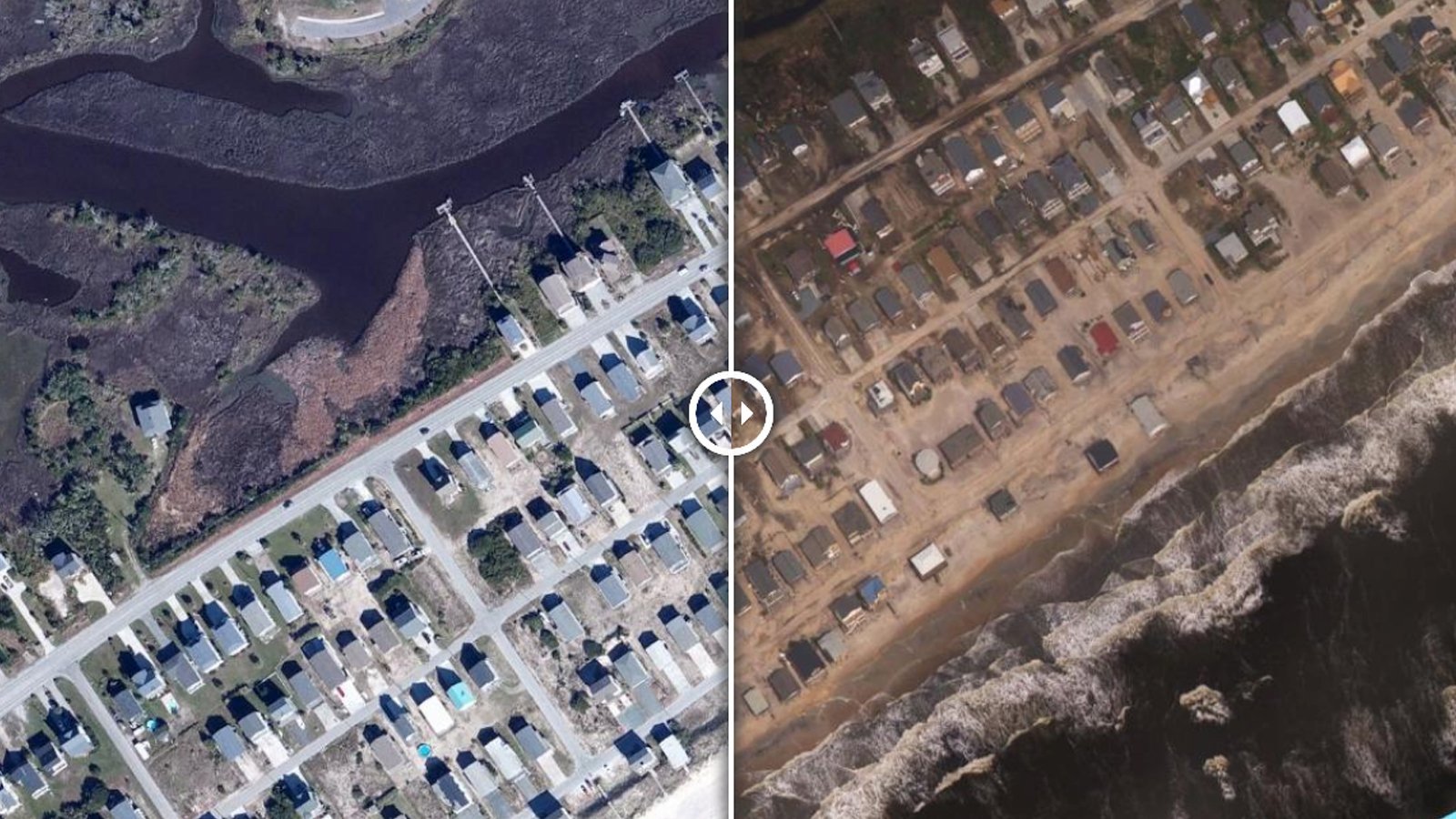 The southernmost portions of Topsail Beach's main thoroughfare, Anderson Boulevard, are still covered with dark standing water. The left image is from 2014 and the right image is from Sept. 17, 2018. (Credit: NOAA)