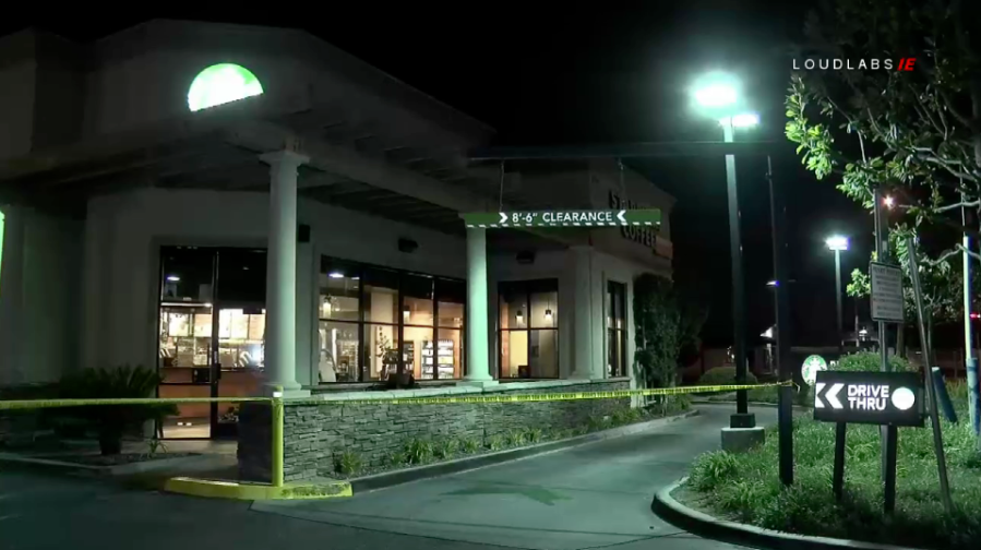 The drive-thru at a Starbucks in Riverside is taped off as police investigate a possible kidnapping on Sept. 27, 2018. (Credit: LoudLabs)