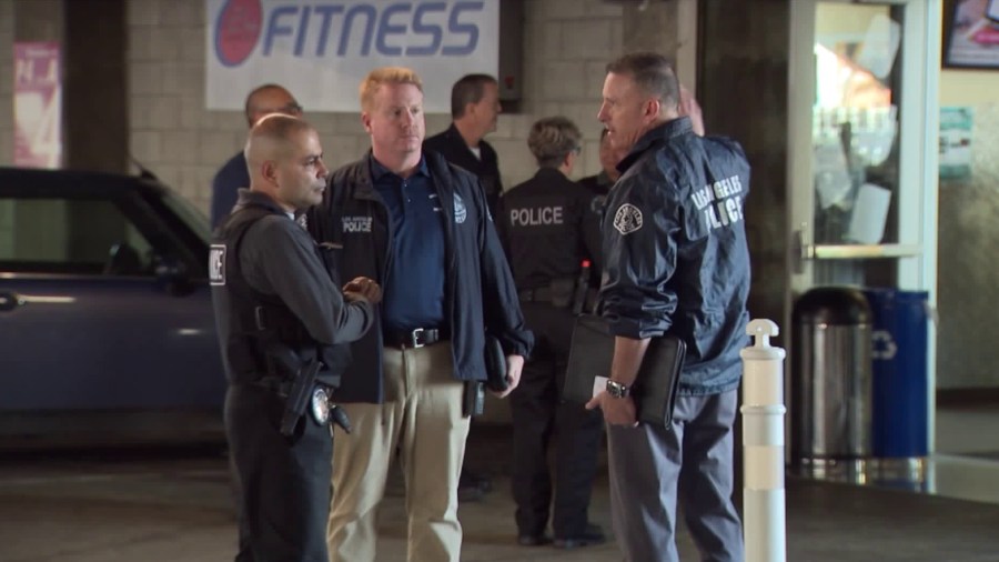 Authorities respond to the 24 Hour Fitness in Hollywood after police shot a man inside the locker room of the gym on Oct. 29, 2018. (Credit: KTLA)