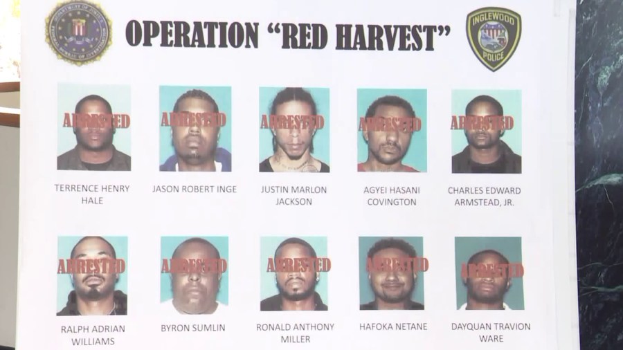 Images of individuals arrested in connection with the Inglewood Family street gang are seen at a news conference on Oct. 31, 2018. (Credit: KTLA)